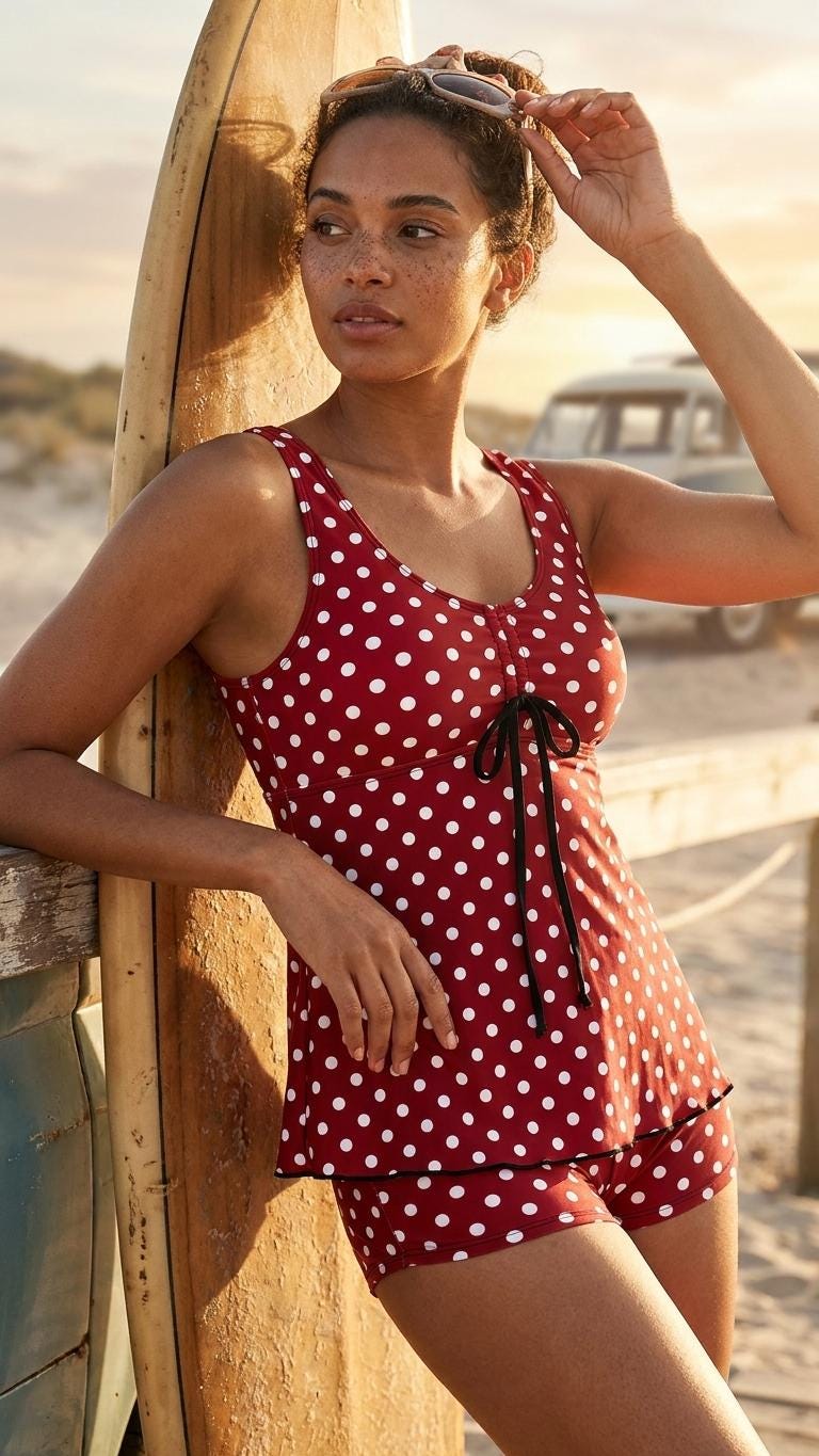 Drawstring Tankini Two-Piece Swimsuit with Swim Shorts, Red Polka Dot