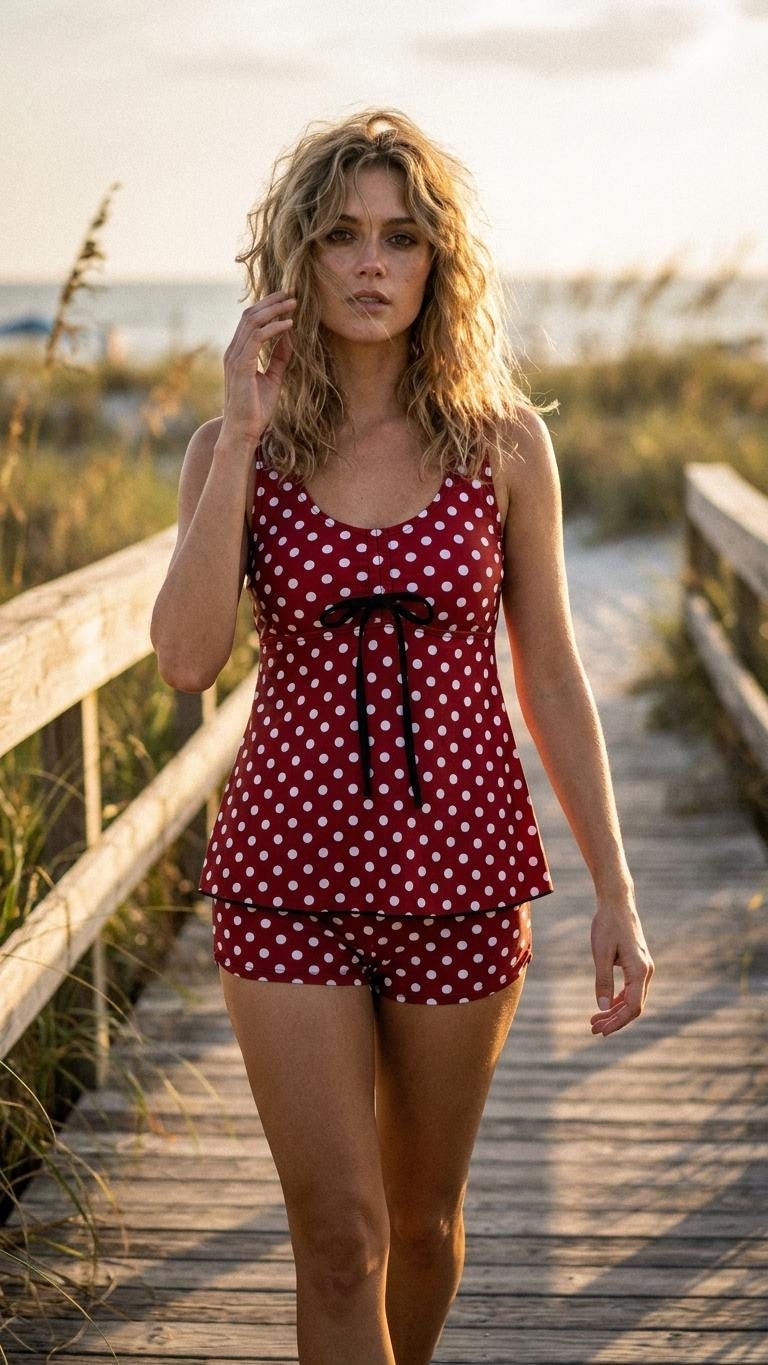 Drawstring Tankini Two-Piece Swimsuit with Swim Shorts, Red Polka Dot