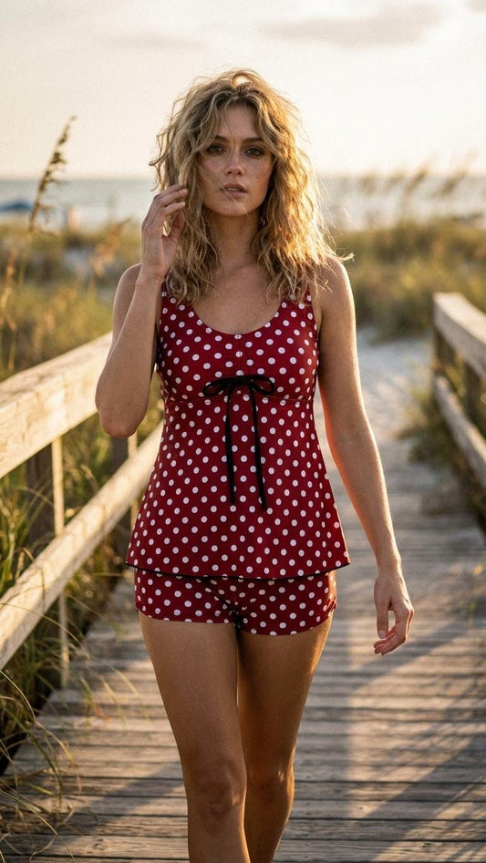 Drawstring Tankini Two-Piece Swimsuit with Swim Shorts, Red Polka Dot