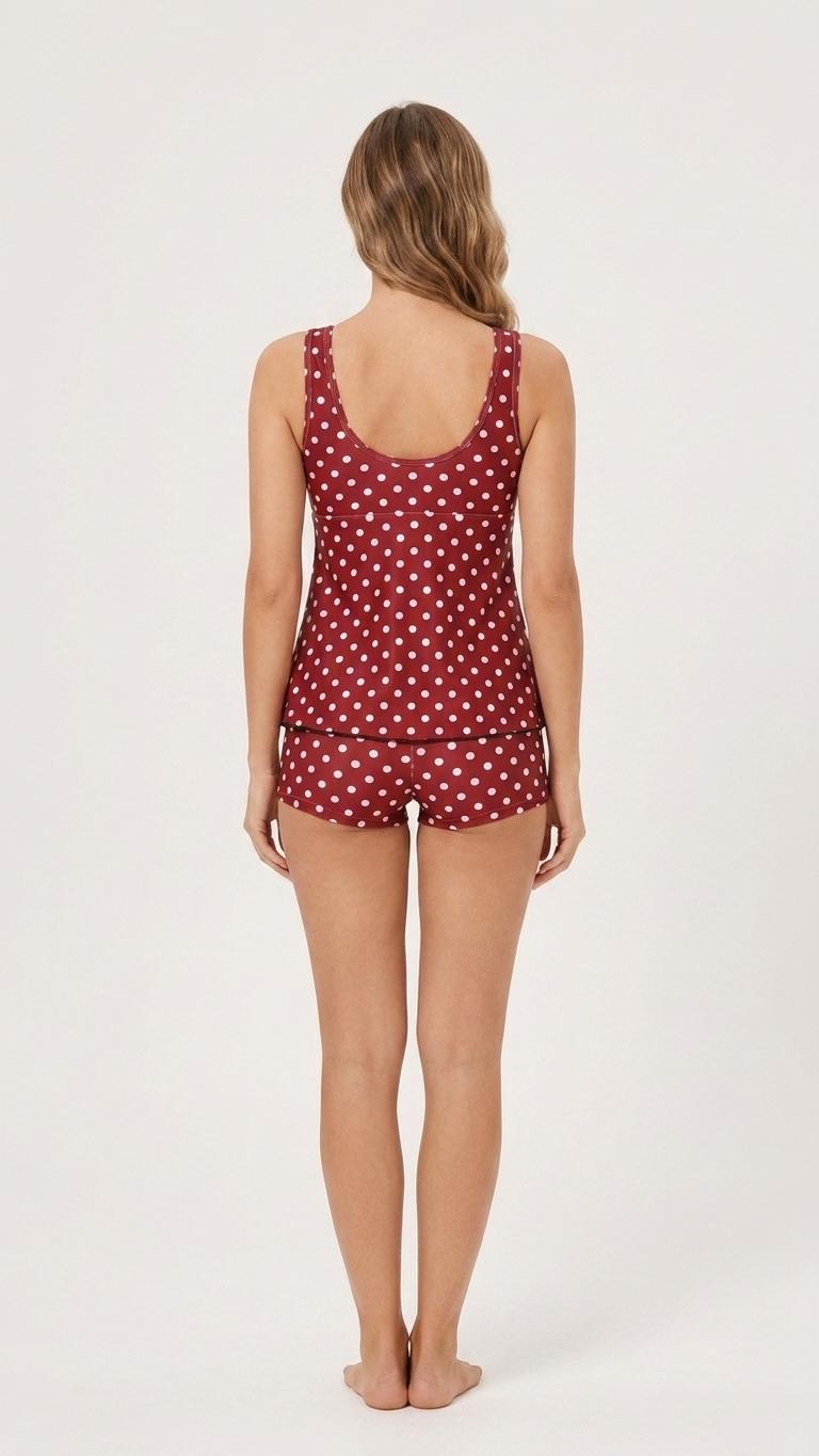 Drawstring Tankini Two-Piece Swimsuit with Swim Shorts, Red Polka Dot