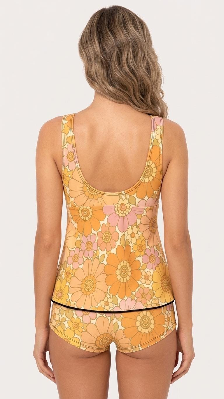 Drawstring Tankini Two-Piece Swimsuit with Swim Shorts, Pale Retro Florals