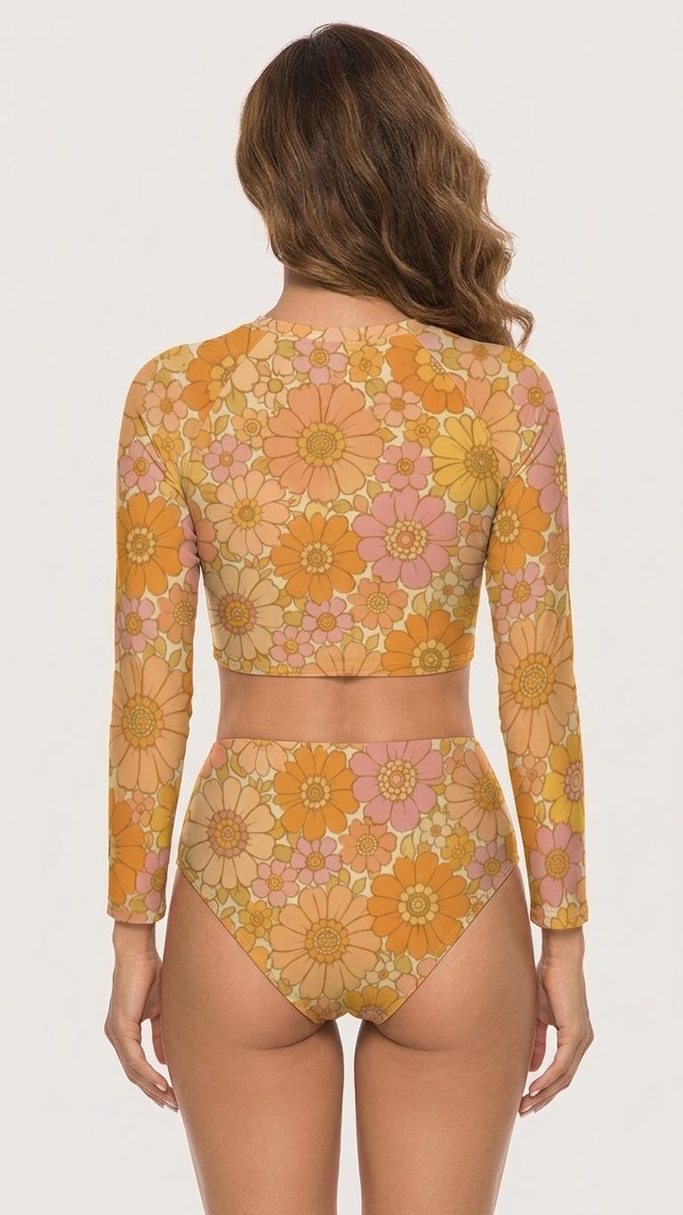 Retro Pale Orange Florals, Two-Piece Swimsuit, Long Sleeve Crop Rash Guard