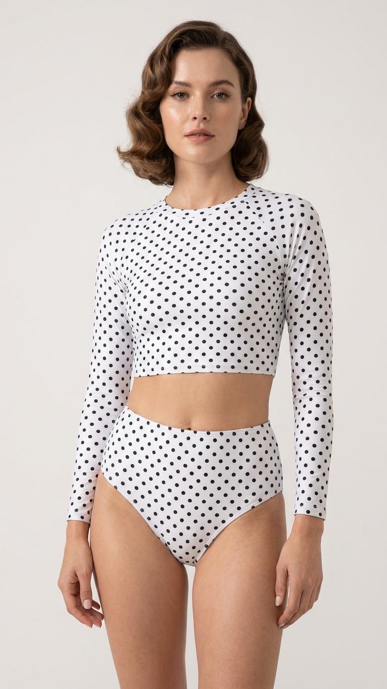 White Polka Dot, Two-Piece Swimsuit, Long Sleeve Crop Rash Guard