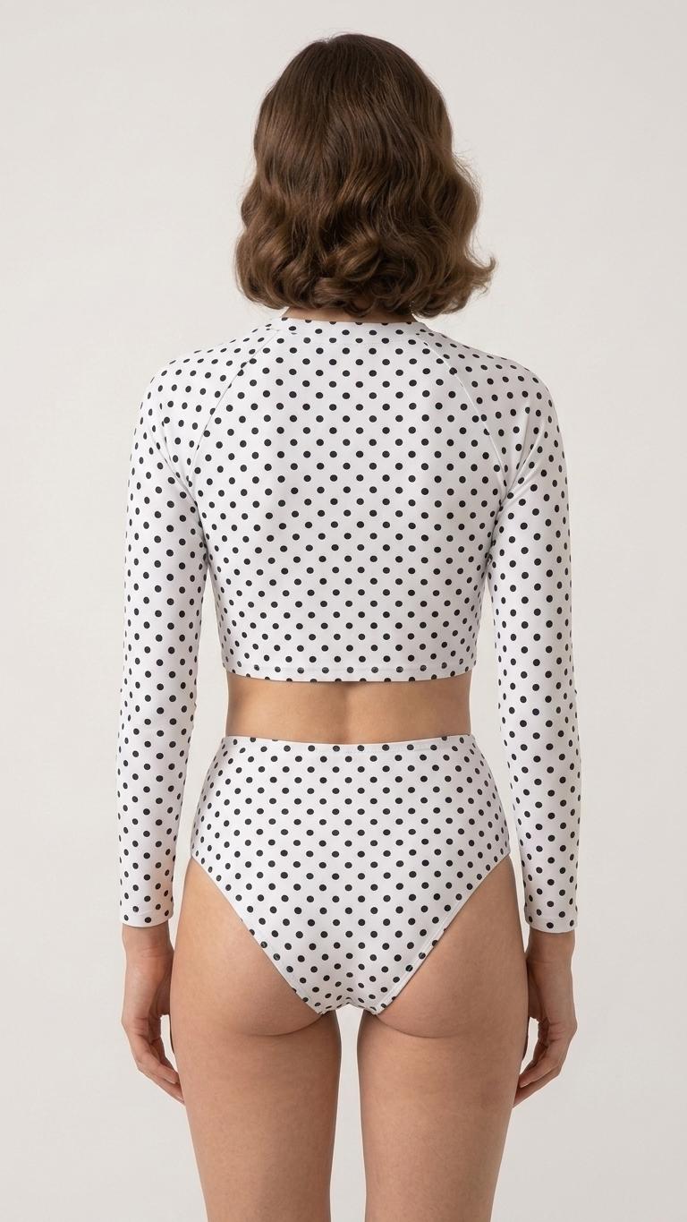 White Polka Dot, Two-Piece Swimsuit, Long Sleeve Crop Rash Guard