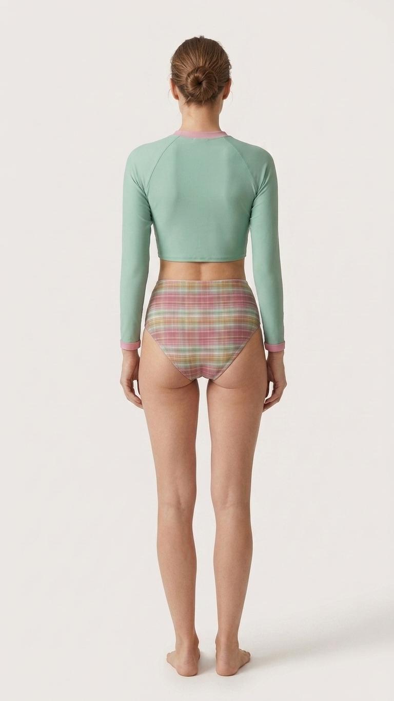 Minty Plaid, Two-Piece Swimsuit, Long Sleeve Crop Rash Guard