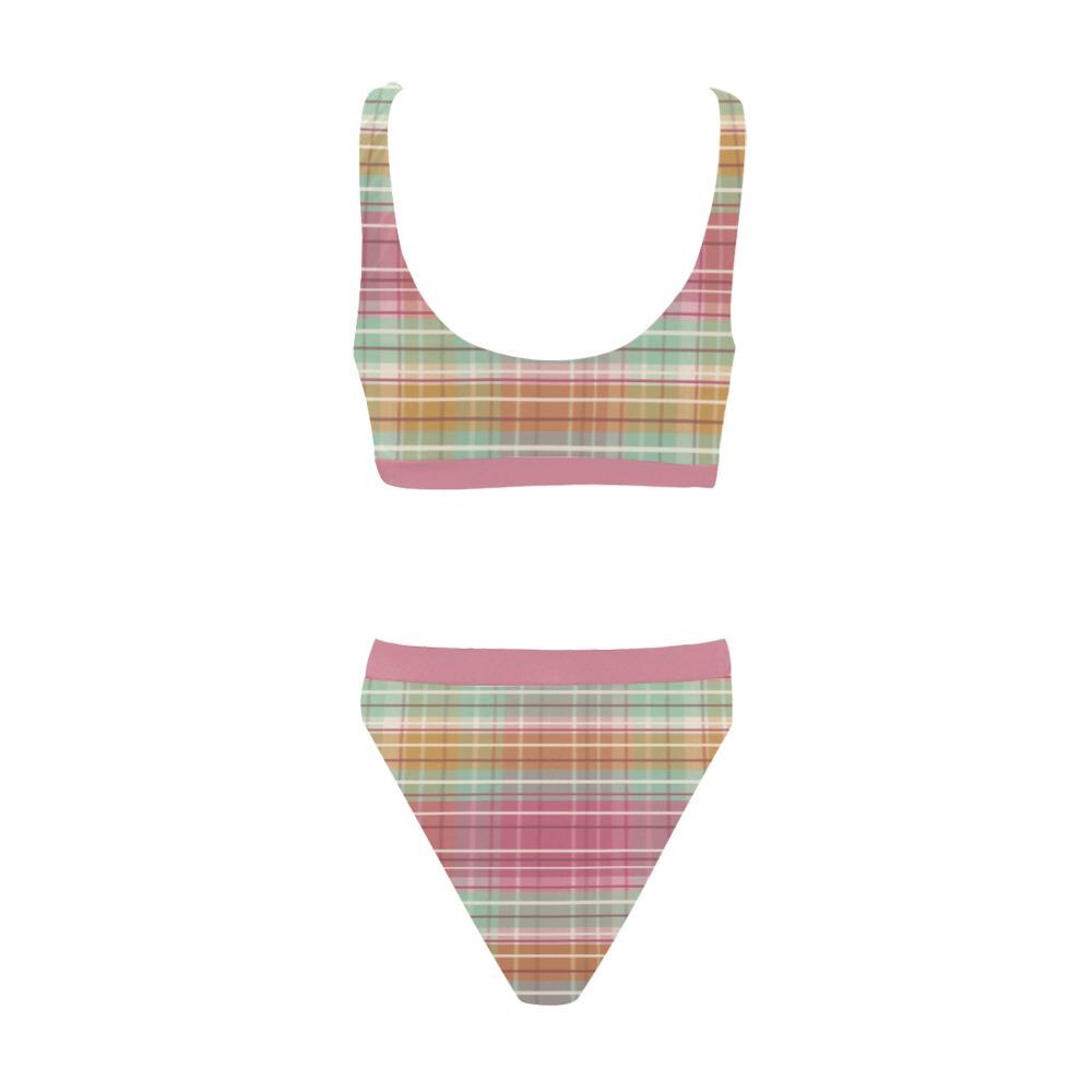 Mint & Rose Plaid Sporty Classic Bikini – High-Waist High-Leg Swimsuit, Scoop-Neck Crop-Top