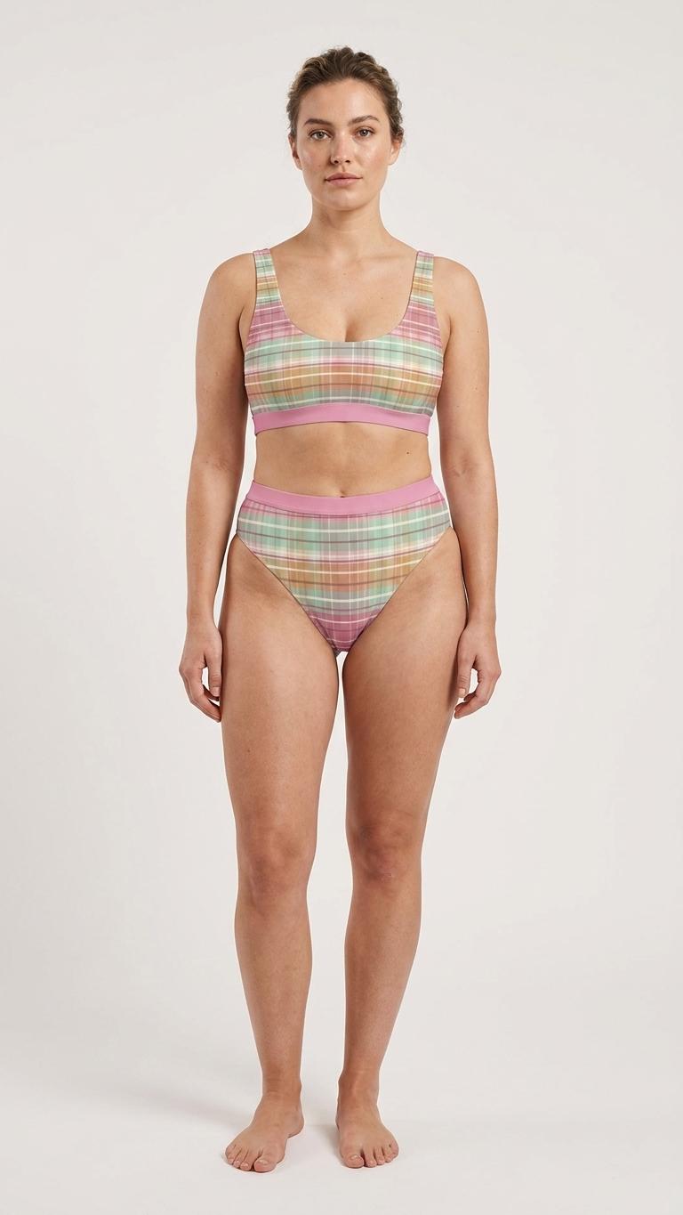 Mint & Rose Plaid Sporty Classic Bikini – High-Waist High-Leg Swimsuit, Scoop-Neck Crop-Top
