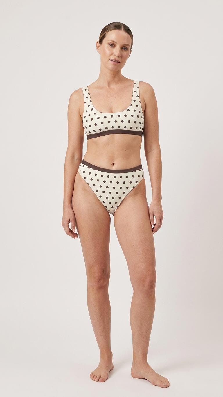 Ivory & Chocolate Brown Polka Dot Sporty Classic Bikini – High-Waist High-Leg Swimsuit, Scoop-Neck Crop-Top