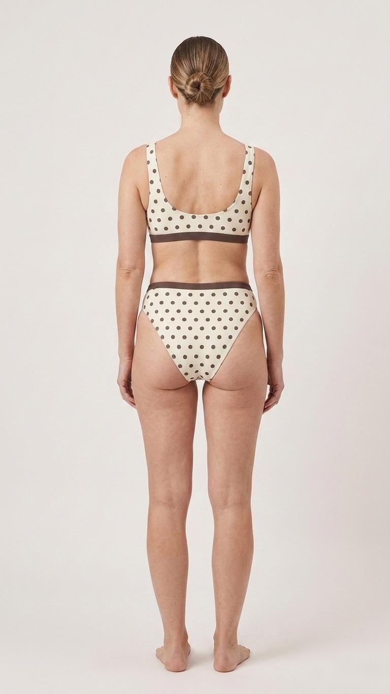 Ivory & Chocolate Brown Polka Dot Sporty Classic Bikini – High-Waist High-Leg Swimsuit, Scoop-Neck Crop-Top