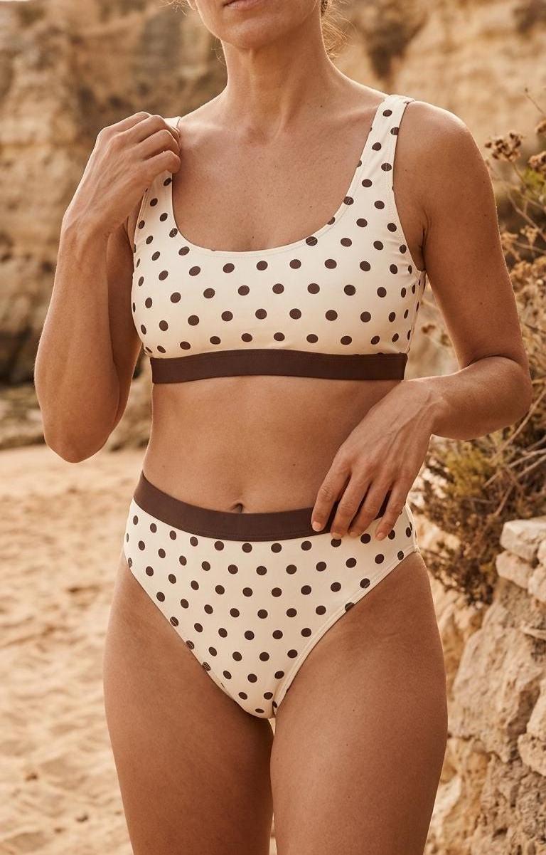 Ivory & Chocolate Brown Polka Dot Sporty Classic Bikini – High-Waist High-Leg Swimsuit, Scoop-Neck Crop-Top