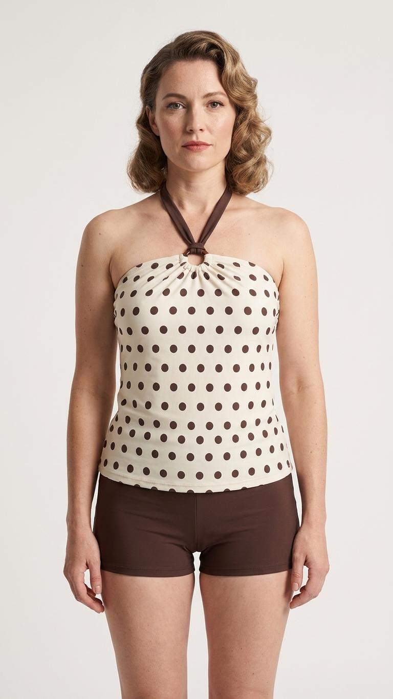Halter Tankini Boyshorts Swimwear Set | Two-Piece Flattering Swimsuit | Ivory & Brown Polka Dot