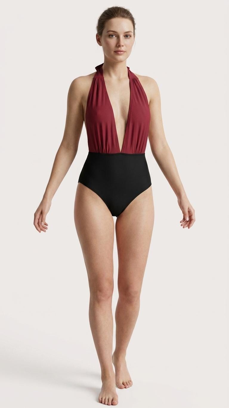 Black and Cherry Red Halter Plunge One Piece Swimsuit
