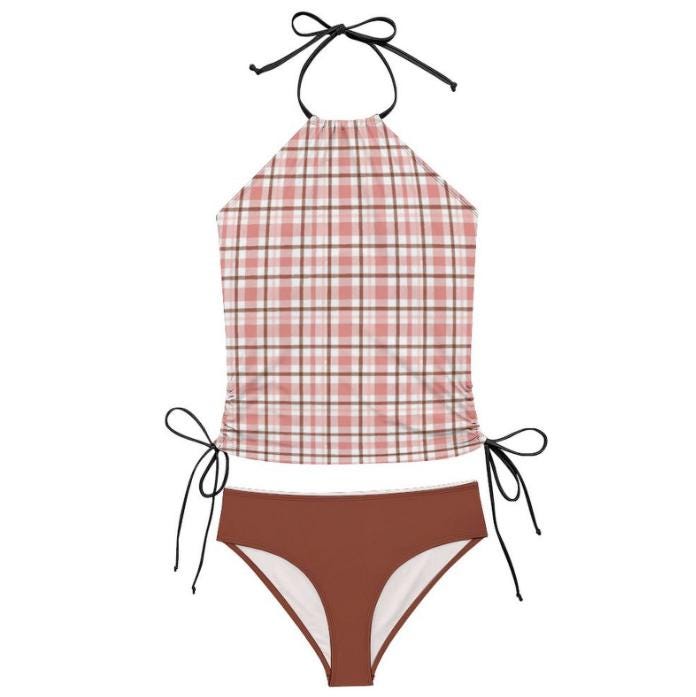 Retro Plaid Tankini: Pink & Brown Halter Swimsuit with Drawstrings