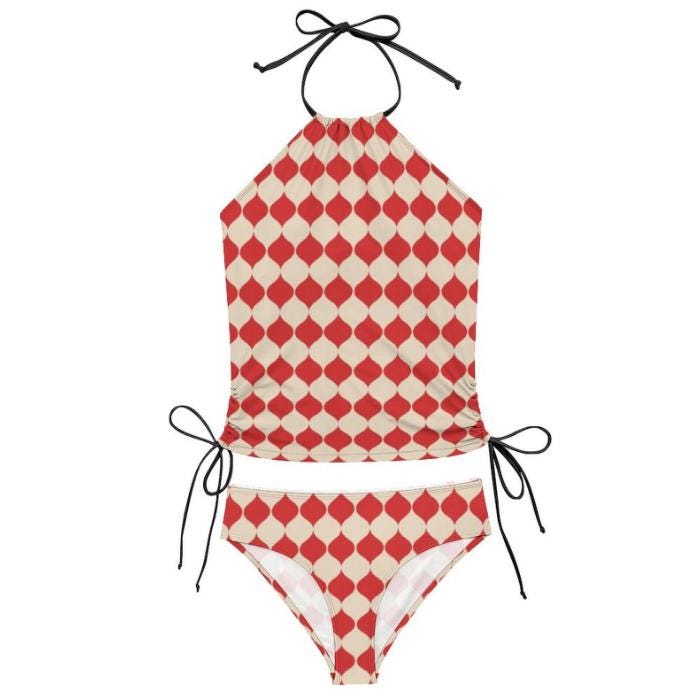 Retro Tankini, Halter Swimsuit with Drawstrings, Red Drops