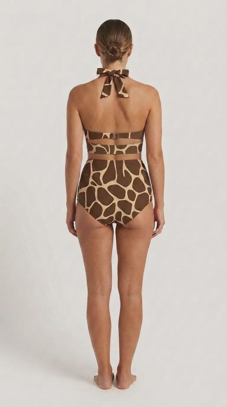Retro Sweetheart High-Waist Bikini, 1970s-Inspired Brown Animal Pin-Up Halter Swimsuit