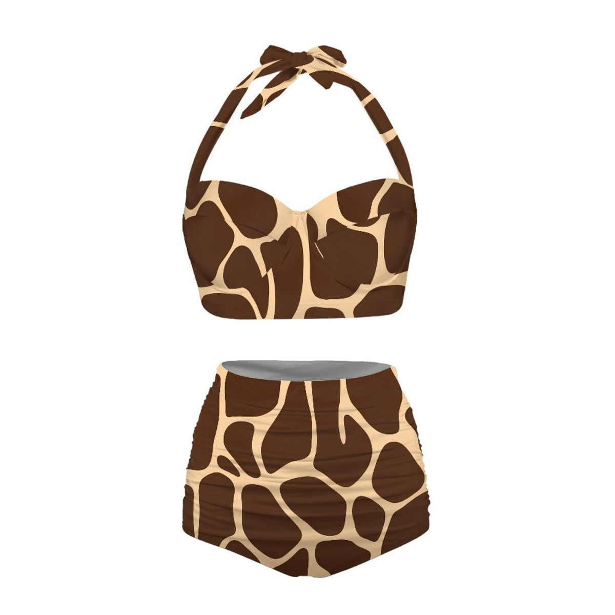 Retro Sweetheart High-Waist Bikini, 1970s-Inspired Brown Animal Pin-Up Halter Swimsuit