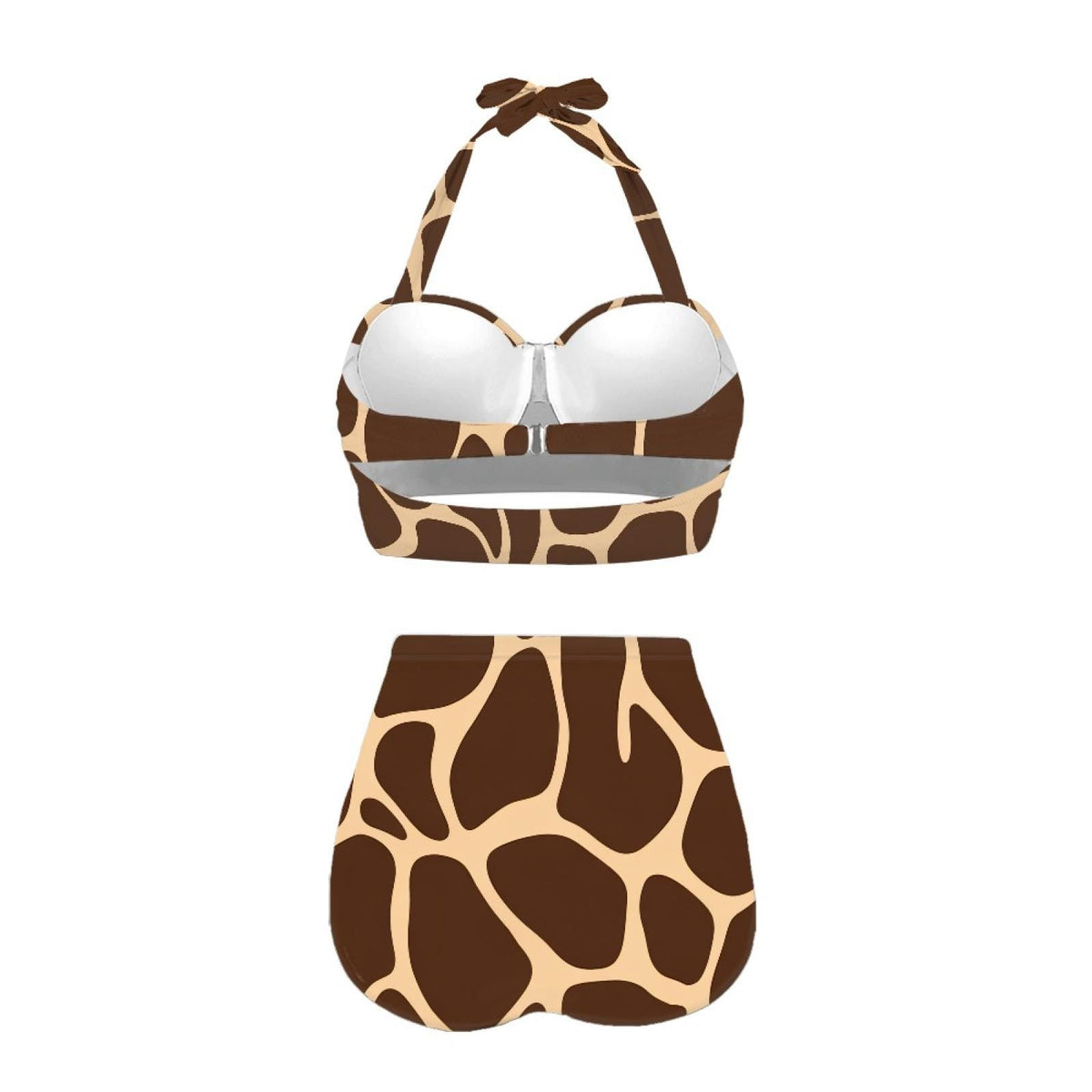 Retro Sweetheart High-Waist Bikini, 1970s-Inspired Brown Animal Pin-Up Halter Swimsuit