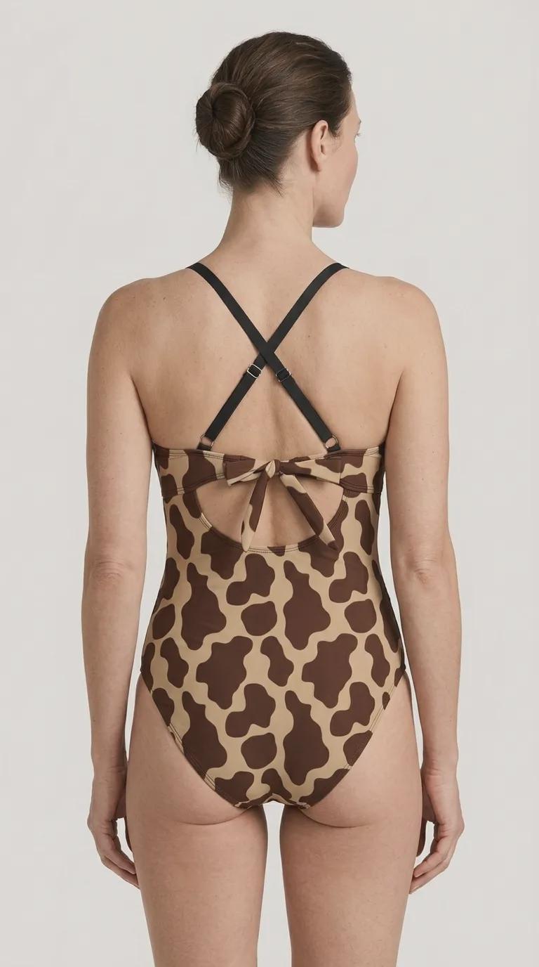 Retro One-Piece Swimsuit, Ruched Wrap-Front Bathing Suit, Cross Strap Swimwear, 1970s-Brown Animal Inspired Swimsuit