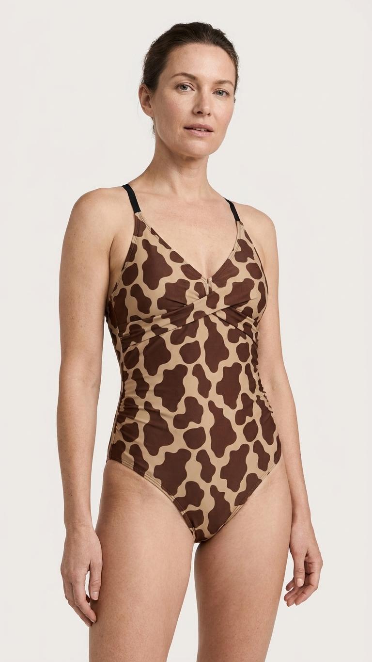 Retro One-Piece Swimsuit, Ruched Wrap-Front Bathing Suit, Cross Strap Swimwear, 1970s-Brown Animal Inspired Swimsuit