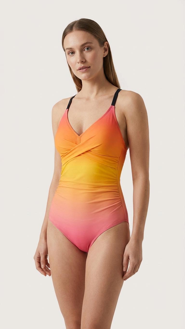 Retro One-Piece Swimsuit, Ruched Wrap-Front Bathing Suit, Cross Strap Swimwear, Sunset Gradient