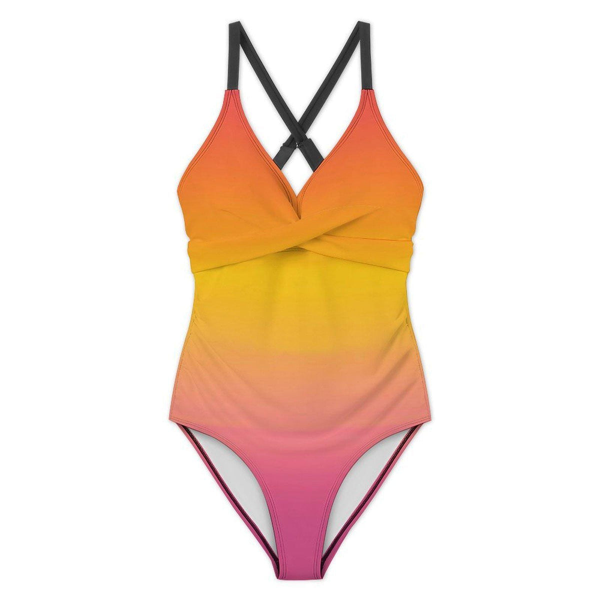 Retro One-Piece Swimsuit, Ruched Wrap-Front Bathing Suit, Cross Strap Swimwear, Sunset Gradient