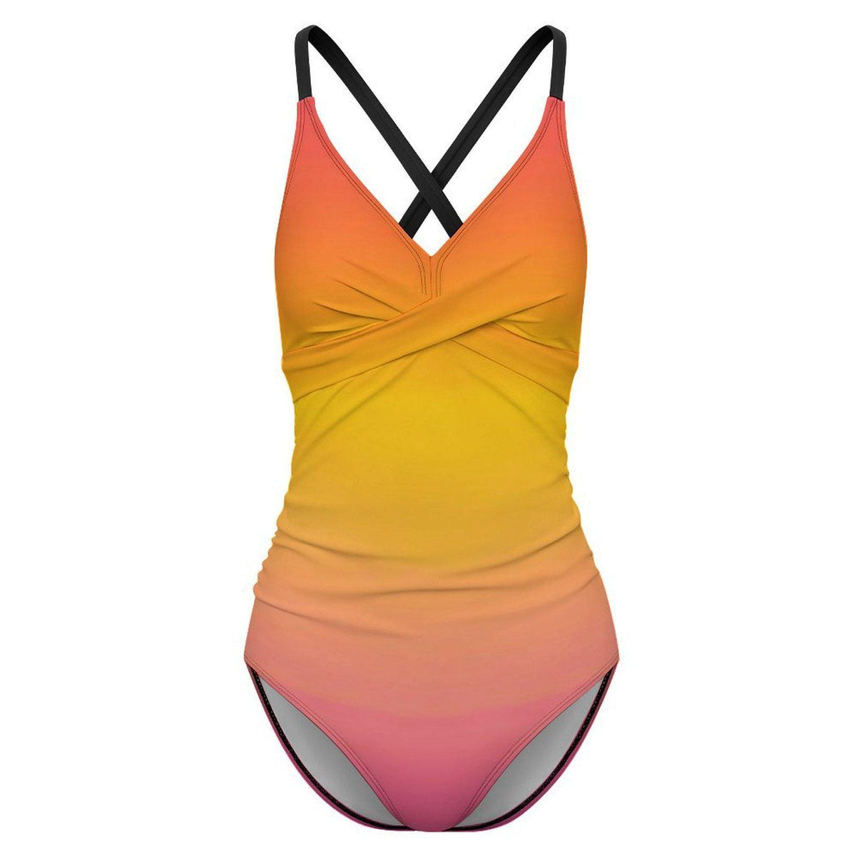 Retro One-Piece Swimsuit, Ruched Wrap-Front Bathing Suit, Cross Strap Swimwear, Sunset Gradient