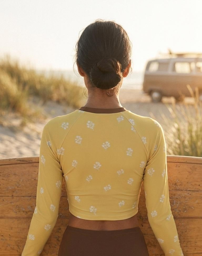 Retro Brown & Yellow Floral Two-Piece Swimsuit, Long Sleeve Crop Rash Guard
