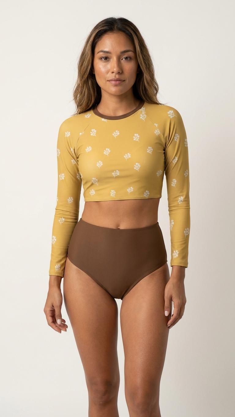 Retro Brown & Yellow Floral Two-Piece Swimsuit, Long Sleeve Crop Rash Guard