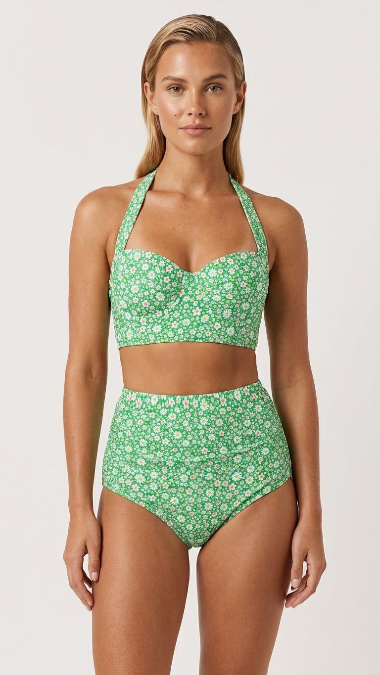 Retro Green Ditsy Floral Sporty Sexy Surfing Bikini – High-Waisted Swimsuit, Scoop-Neck Crop-Top, Flattering High-Leg
