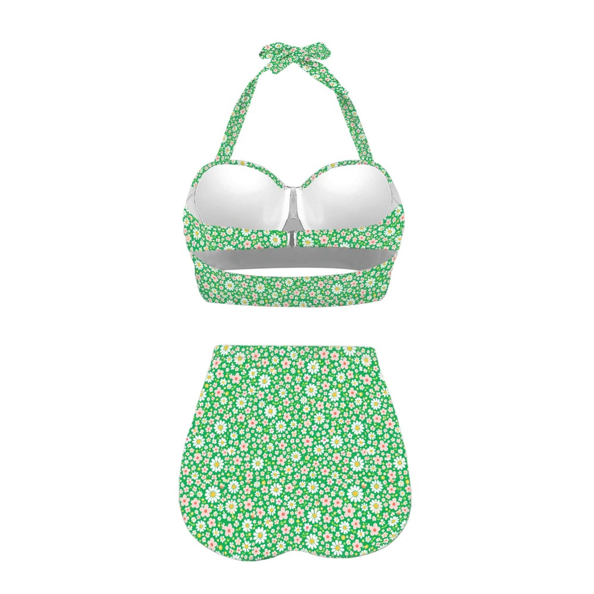 Retro Green Ditsy Floral Sporty Sexy Surfing Bikini – High-Waisted Swimsuit, Scoop-Neck Crop-Top, Flattering High-Leg