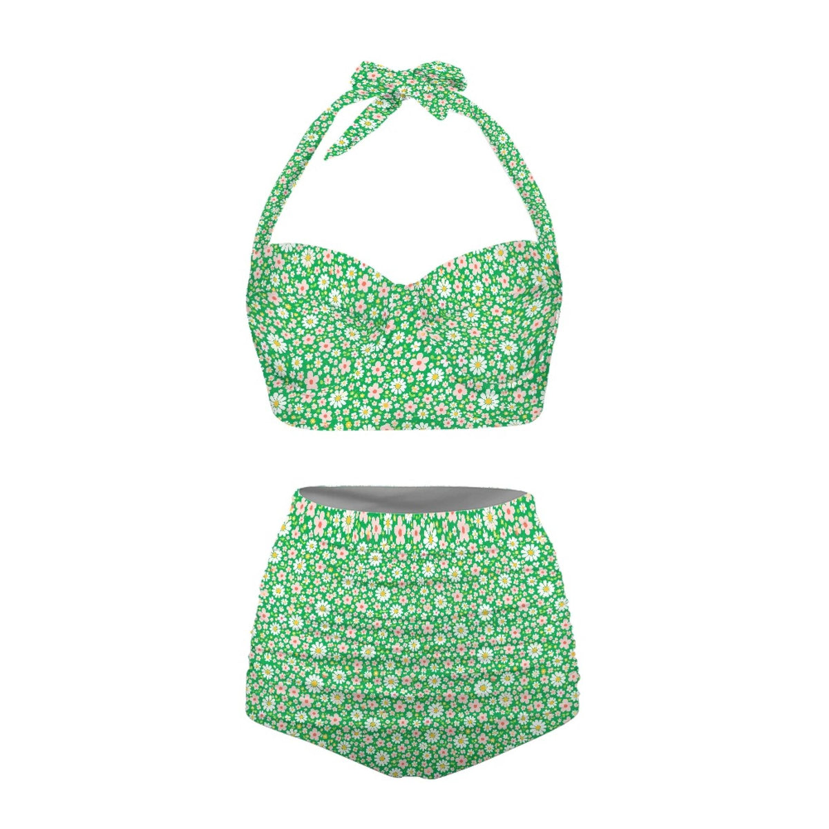 Retro Green Ditsy Floral Sporty Sexy Surfing Bikini – High-Waisted Swimsuit, Scoop-Neck Crop-Top, Flattering High-Leg
