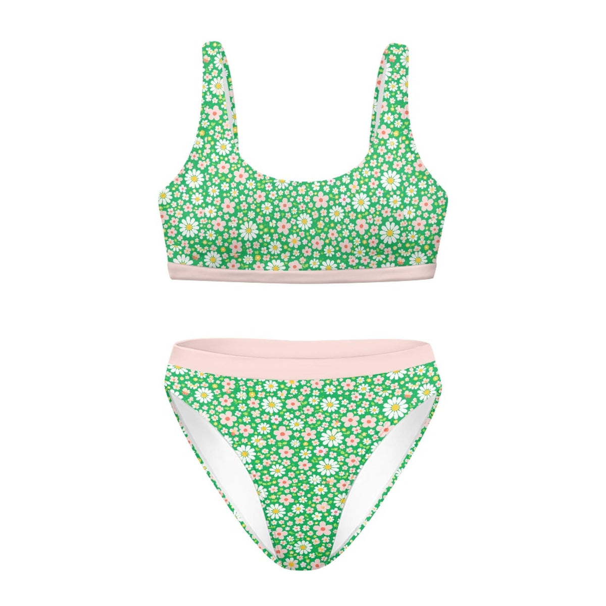 Retro Green Ditsy Floral Sporty Sexy Bikini Set – High-Waisted Swimsuit, Scoop-Neck Crop-Top, Flattering High-Leg