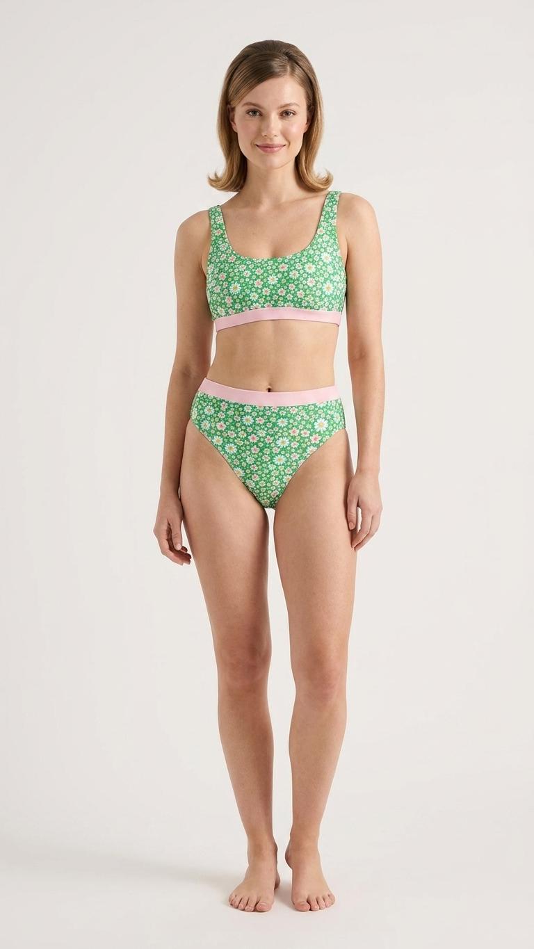 Retro Green Ditsy Floral Sporty Sexy Bikini Set – High-Waisted Swimsuit, Scoop-Neck Crop-Top, Flattering High-Leg