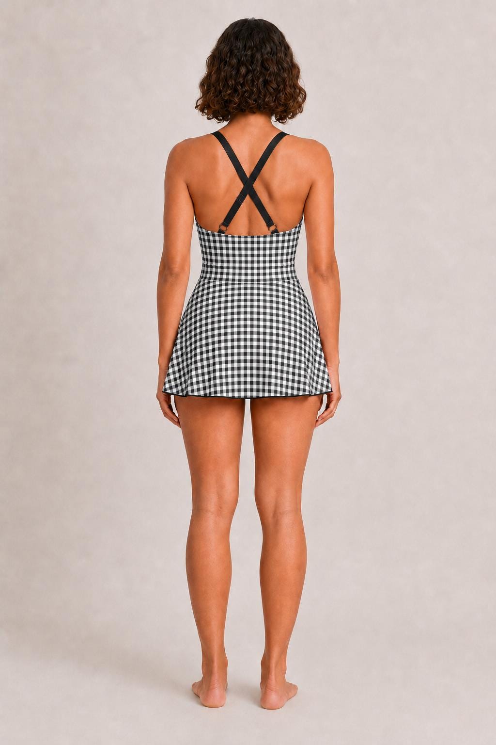Retro Swim Dress, Integrated Bottoms & Adjustable Straps, Vintage-Inspired Modest One-Piece Romper, Black Gingham