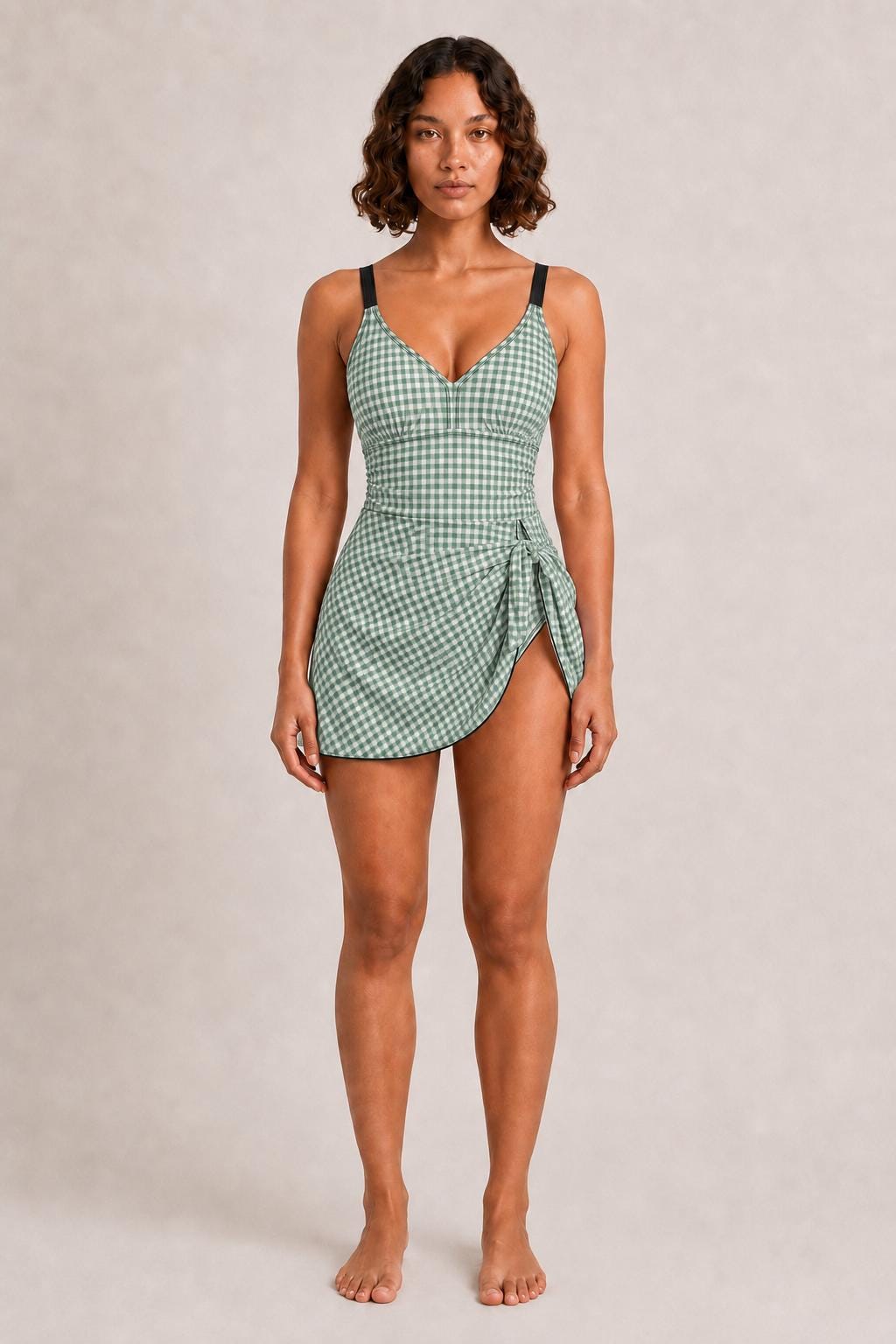Retro Swim Dress, Integrated Bottoms & Adjustable Straps, Vintage-Inspired Modest One-Piece Romper, Aqua Gingham