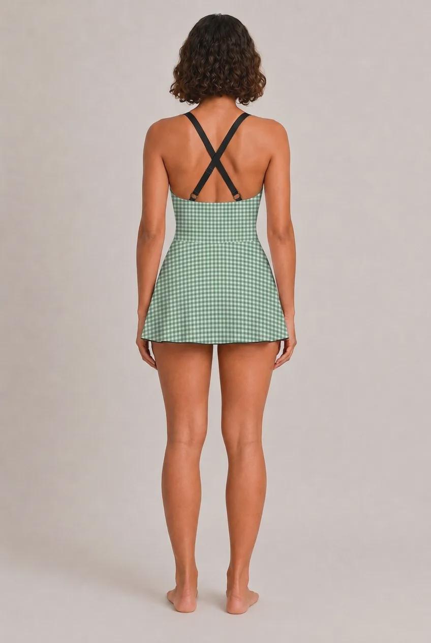 Retro Swim Dress, Integrated Bottoms & Adjustable Straps, Vintage-Inspired Modest One-Piece Romper, Aqua Gingham