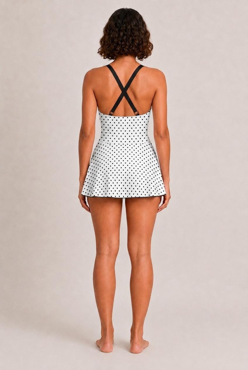 Retro Swim Dress, Integrated Bottoms & Adjustable Straps, Vintage-Inspired Modest One-Piece Romper, White Polka Dot
