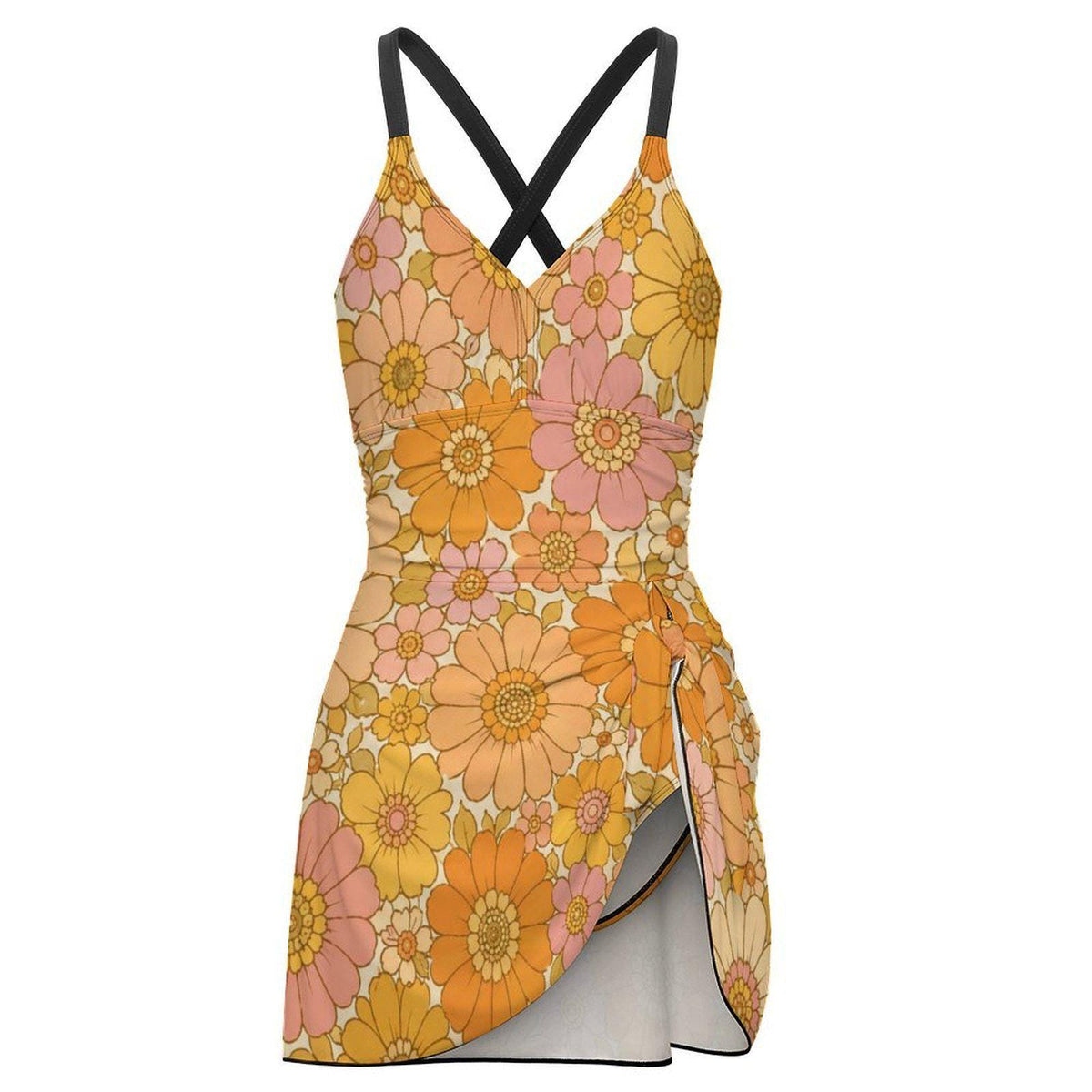 Retro Swim Dress, Integrated Bottoms & Adjustable Straps, Vintage-Inspired Modest One-Piece Romper, Groovy Florals
