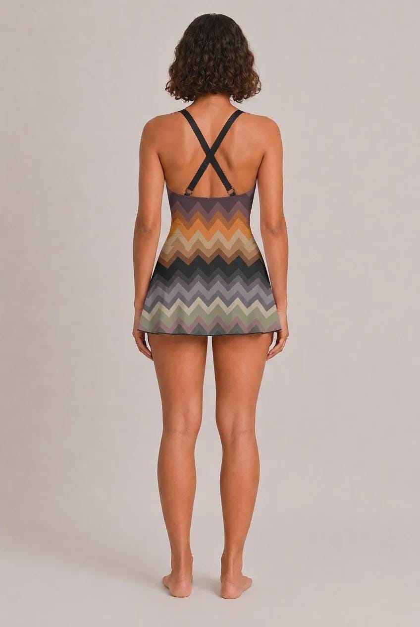 Retro Swim Dress, Integrated Bottoms & Adjustable Straps, Vintage-Inspired Modest One-Piece Romper, Dark Chevron