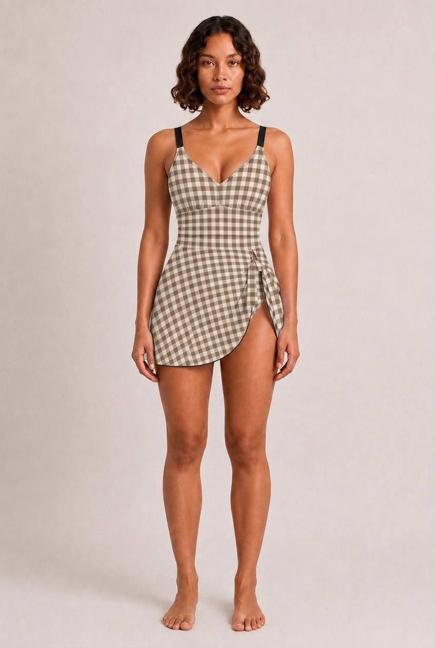 Retro Swim Dress, Integrated Bottoms & Adjustable Straps, Vintage-Inspired Modest One-Piece Romper, Brown Gingham