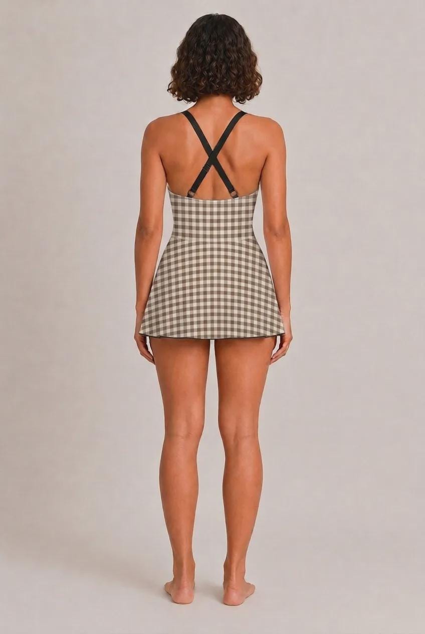 Retro Swim Dress, Integrated Bottoms & Adjustable Straps, Vintage-Inspired Modest One-Piece Romper, Brown Gingham