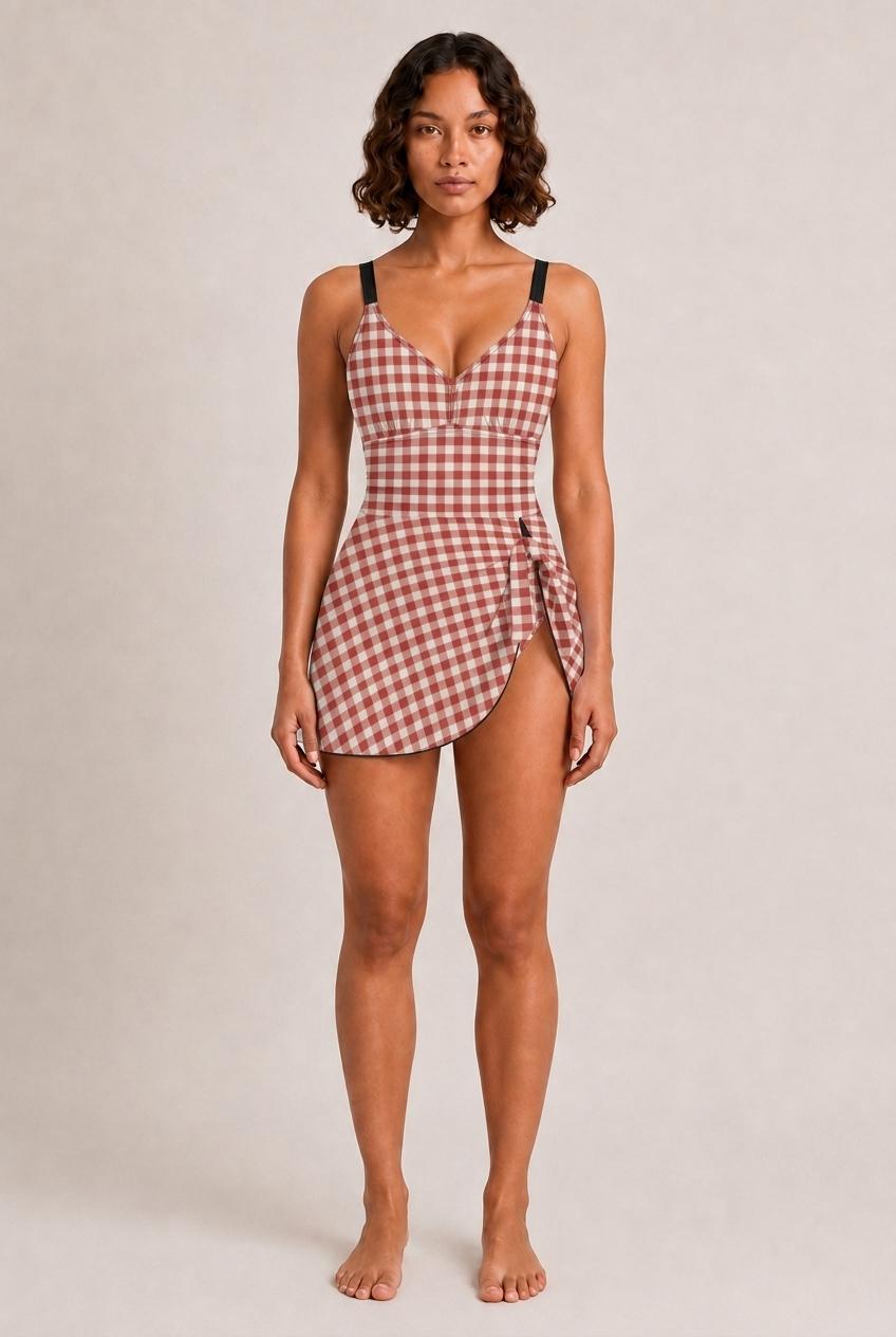 Retro Swim Dress, Integrated Bottoms & Adjustable Straps, Vintage-Inspired Modest One-Piece Romper, Red Gingham