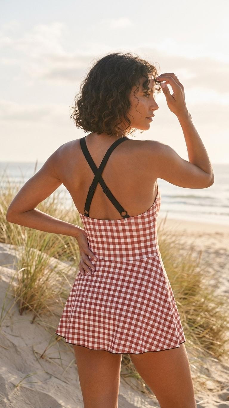 Retro Swim Dress, Integrated Bottoms & Adjustable Straps, Vintage-Inspired Modest One-Piece Romper, Red Gingham