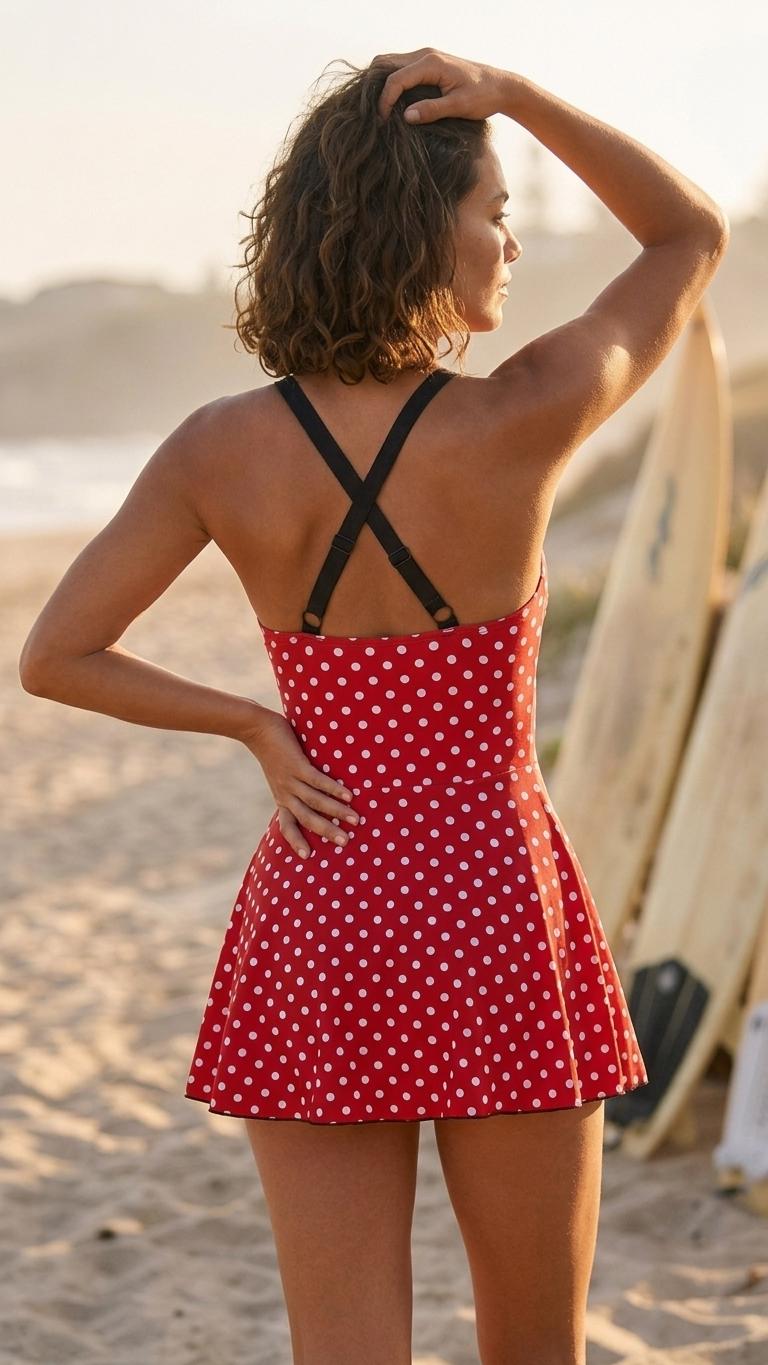 Retro Swim Dress, Integrated Bottoms & Adjustable Straps, Vintage-Inspired Modest One-Piece Romper, Red Polka Dot