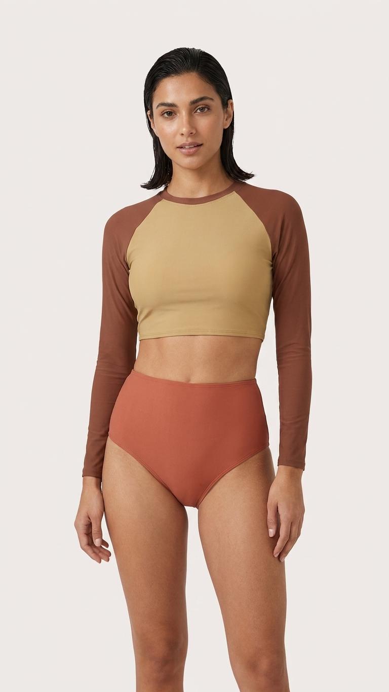 Retro Raglan Long-Sleeve Crop-Top Bikini, High Waist Surf Two-Piece 70s, S-2XL | Brown Mustard Orange