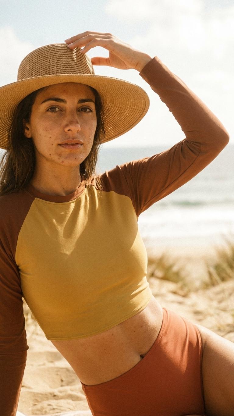 Retro Raglan Long-Sleeve Crop-Top Bikini, High Waist Surf Two-Piece 70s, S-2XL | Brown Mustard Orange