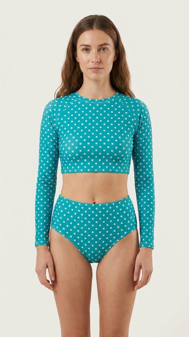 Polka Dot High Waist Bikini | Retro Turquoise Long Sleeve Swimsuit