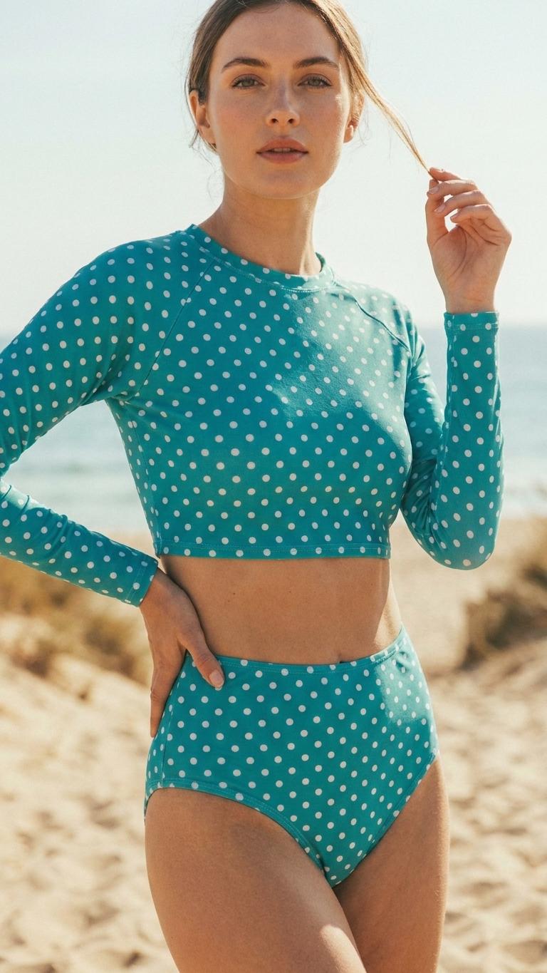 Polka Dot High Waist Bikini | Retro Turquoise Long Sleeve Swimsuit