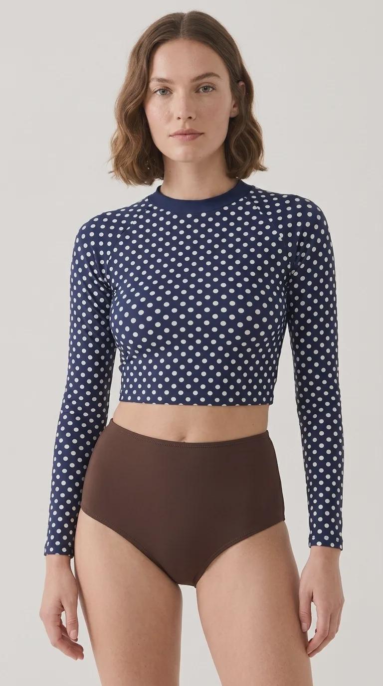 70s Retro Surf Sporty Long-Sleeve Rash-Guard Bikini | Vintage Polka Dot in Navy Blue & Brown