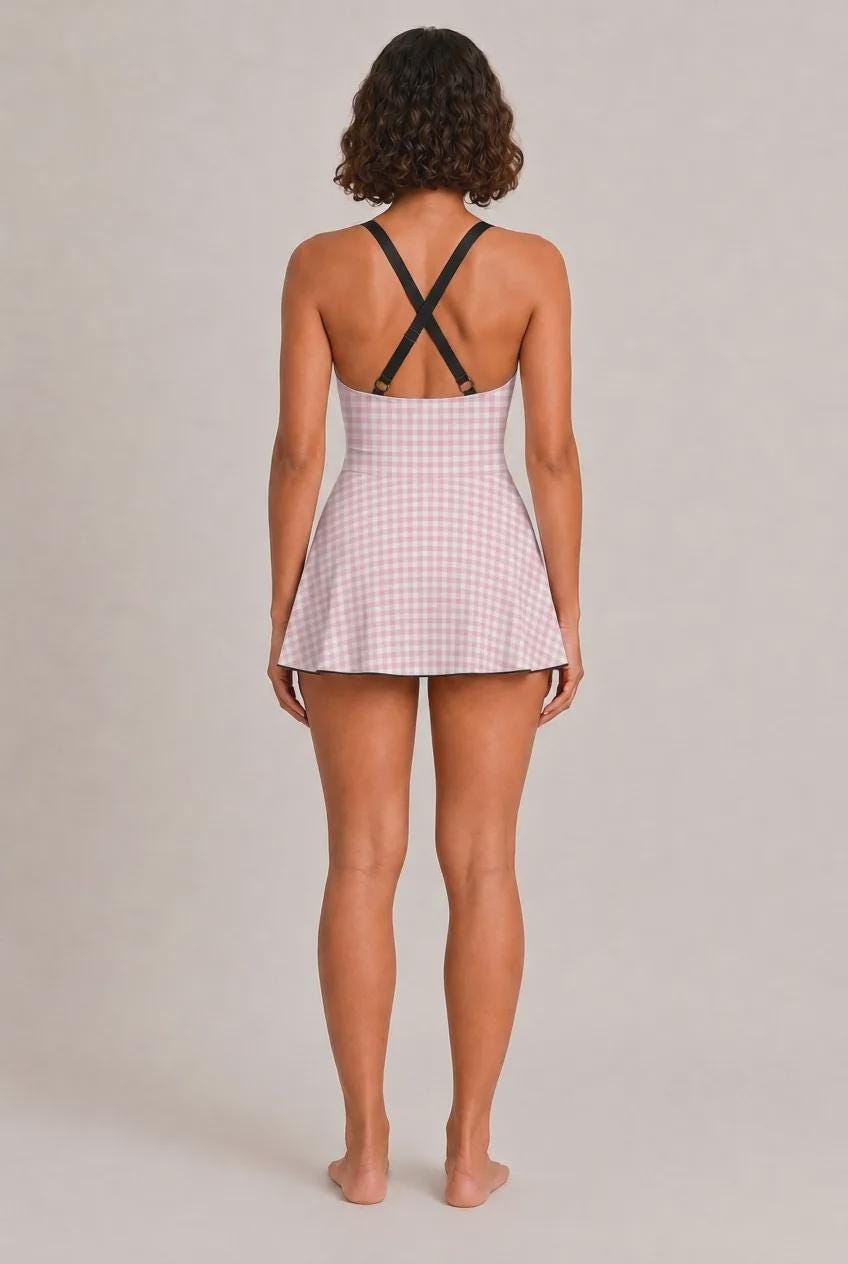 Retro Swim Dress, Integrated Bottoms & Adjustable Straps, Vintage-Inspired Modest One-Piece Romper, Pink Gingham